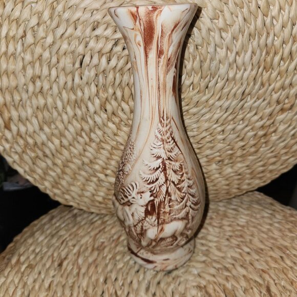 Vintage Ceramic Deer & Forest Design Vase with Brown Swirl Marble Accents - Picture 1 of 7